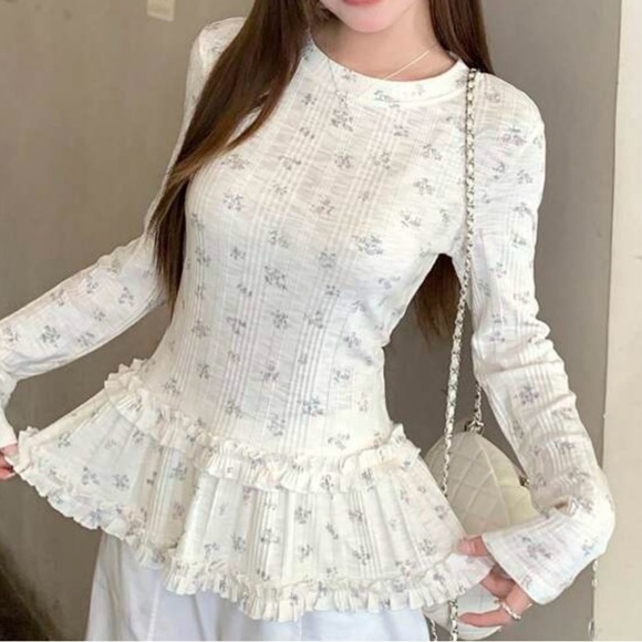 Halo & Harley Tops - Cream Peplum Blouse with Long Sleeves